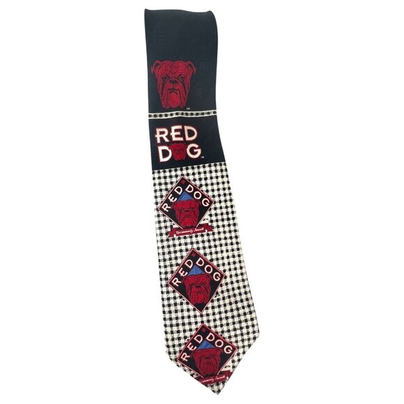 Red Dog Mens Necktie 100% Polyester Black & White Checkered With Red Dog Graphic - Picture 2 of 9